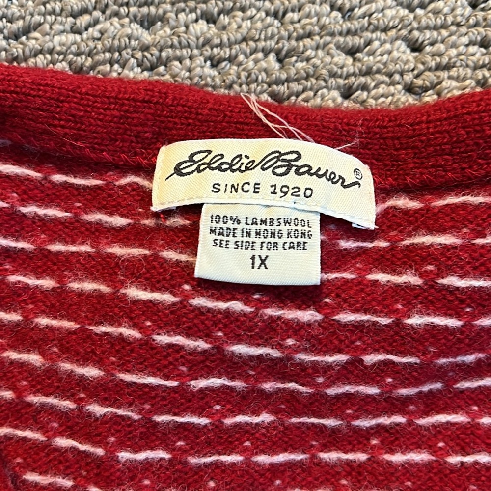 Eddie Bauer Lambswool Red Patterned Button Up V-N… - image 2